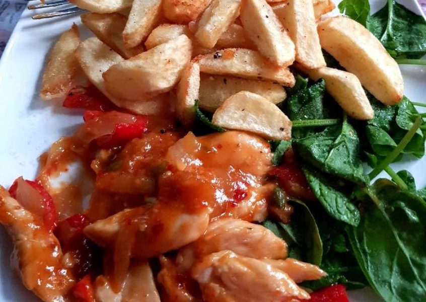 my-so-sweet-chilli-chicken-with-spinach-also-homemade-chips-😀-recipe-main-photo