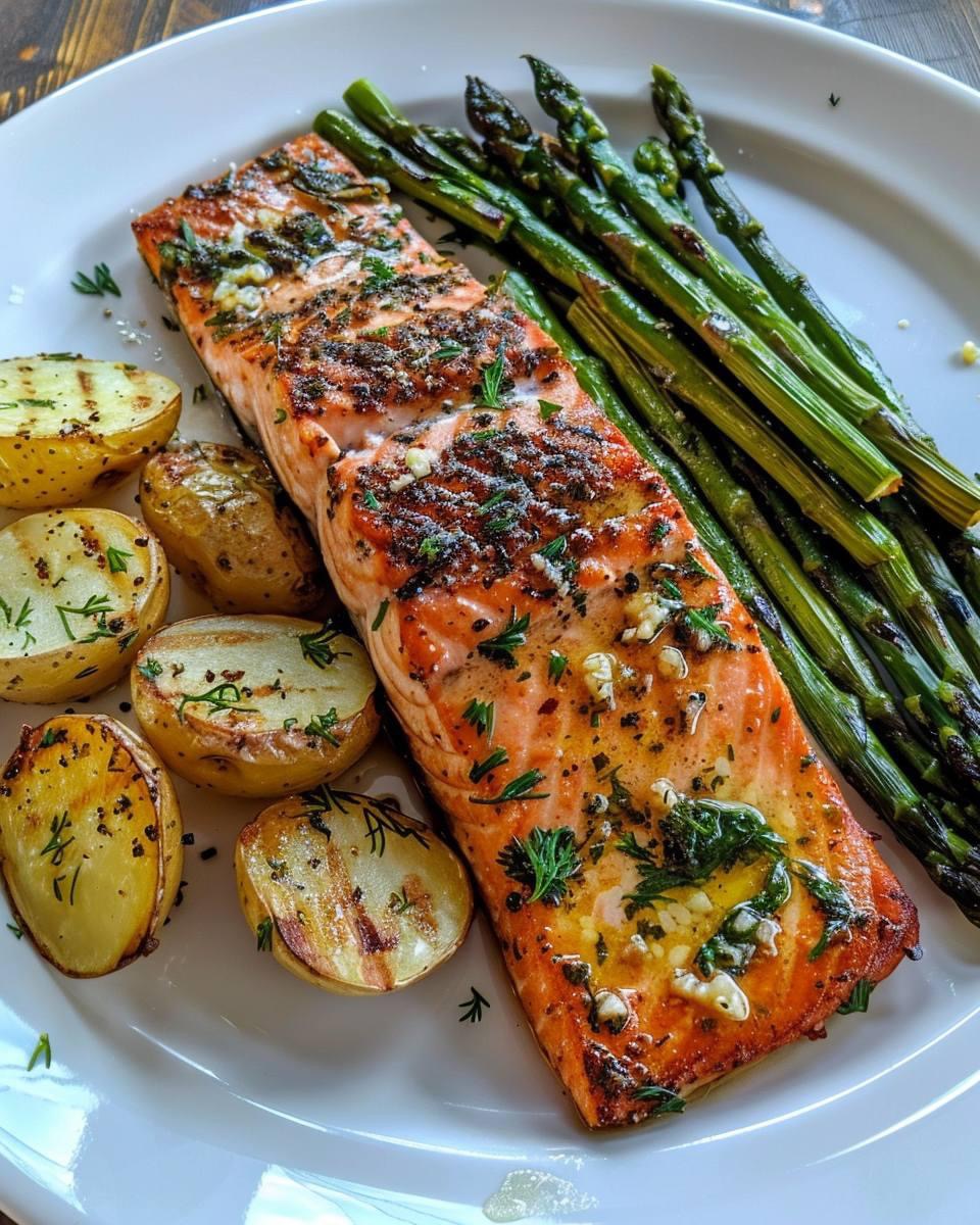 Grilled Salmon with Roasted Potatoes and Cheesy Asparagus - Cool Diet